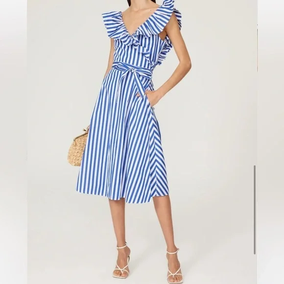 Ralph Lauren Striped Ruffled Shirt Dress Wrap Sleeveless Blue White Stripe Sz 4 - Picture 1 of 14